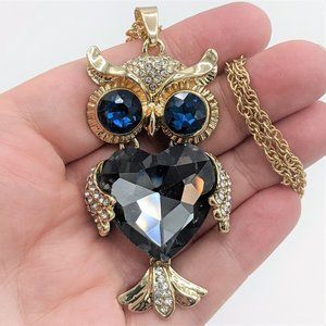 Monet Articulated Owl Blue Rhinestone Pave Heart Crystal Pendant Gold Tone Chain